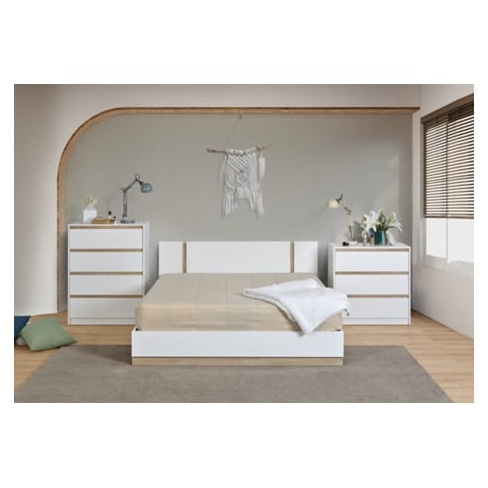 Cama de Casal DORMUS com Estrado Incluído (Branca e Carvalho - 190 x 140 cm)
