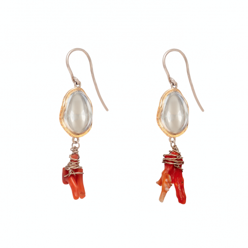 Brincos em Ouro Amarelo e Prata com Diamantes e Coral