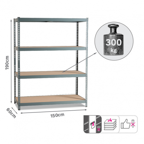 Estante metálica cinza 4 prateleiras madeira 190x150x60 cm 300 kg Spaceo