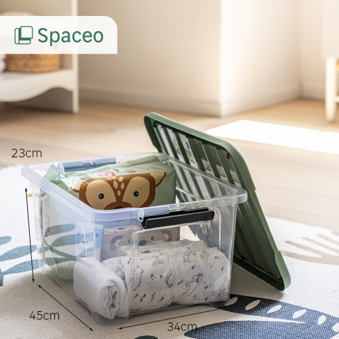 Caixa de arrumação PVC transparente com tampa verde 23L 45x34x23 cm Spaceo