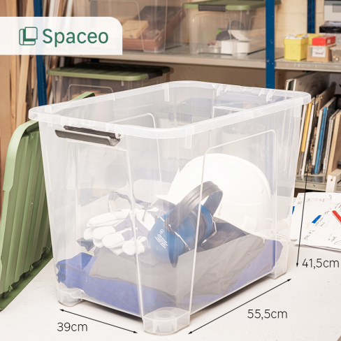 Caixa de arrumação PVC transparente com tampa verde e rodas 57L 55x39x41CM
