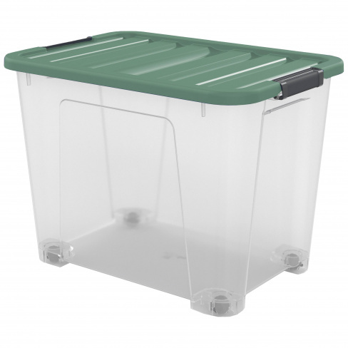 Caixa de arrumação PVC transparente com tampa verde e rodas 57L 55x39x41CM