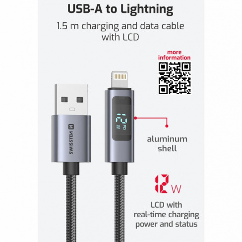 Swissten - Cabo LCD USB-A - Lightning 1.5m