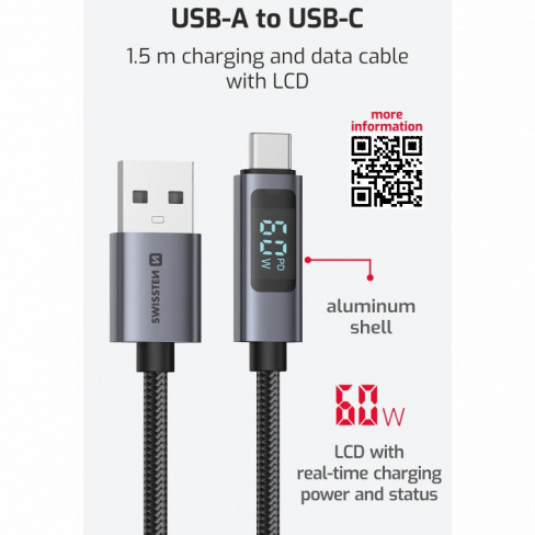 Swissten - Cabo LCD USB-C - USB-A 1.5m