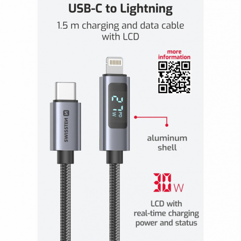 Swissten - Cabo LCD USB-C - Lightning 1.5m