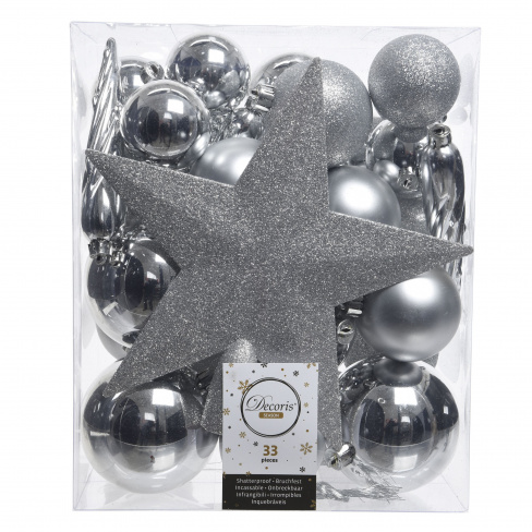 Conjunto de 33 enfeites de natal prateado