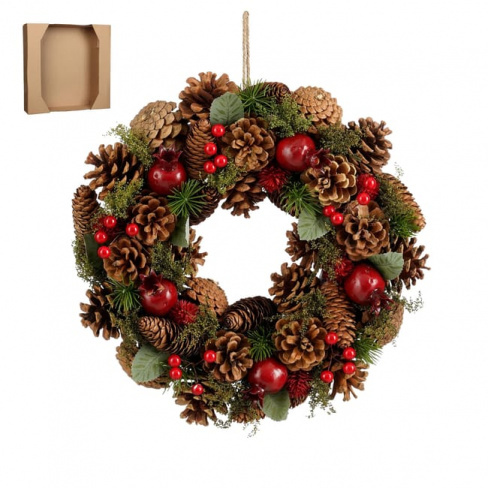Coroa decorada bagas vermelhas e pinhas ⌀34 cm